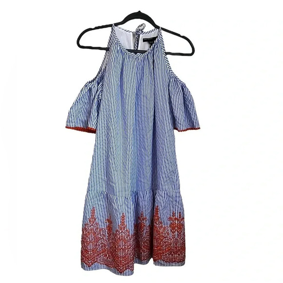 Maggy London Blue Striped Shift Dress W/Orange Embroidered Trim Size 6 - Picture 1 of 10